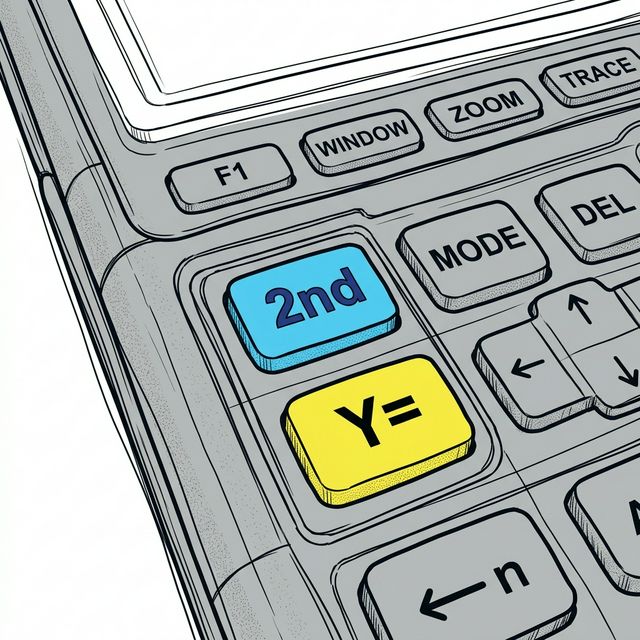 Close view of the TI-84 Y= button and 2nd key highlighted
